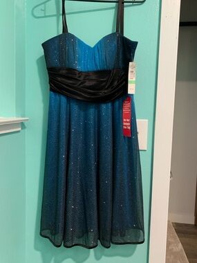 Sparkling Blue Party Dress with Black Waist Sash